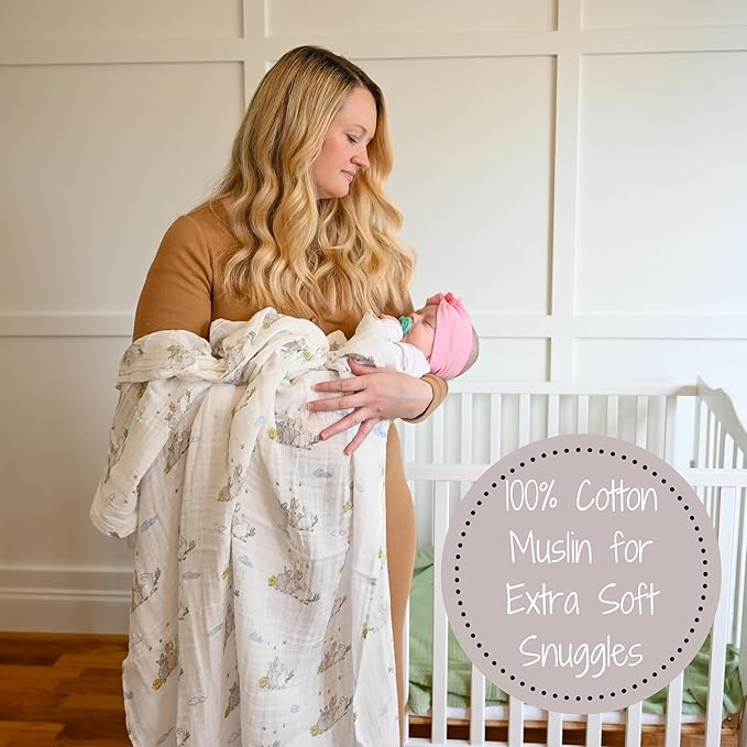 LollyBanks 100% Cotton Soft Muslin Swaddle Blankets, Rabbit Theme, 47 x 47 Inches, Unisex, Somebunny Loves You