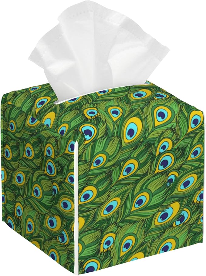 BLYKVGHQ Leather Tissue Box Holder Peacock Feather Tissue Box Cover Facial Paper Case Organizer Cube Napkin Dispenser for Bathroom Vanity Countertop Night Stand Office Car