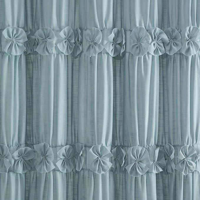XOGUIBO Ruffle Shower Curtain with Handmade Bow Tie, Spa Blue Vintage Farmhouse Shower Curtain for Bathroom, 72" W x 72" H