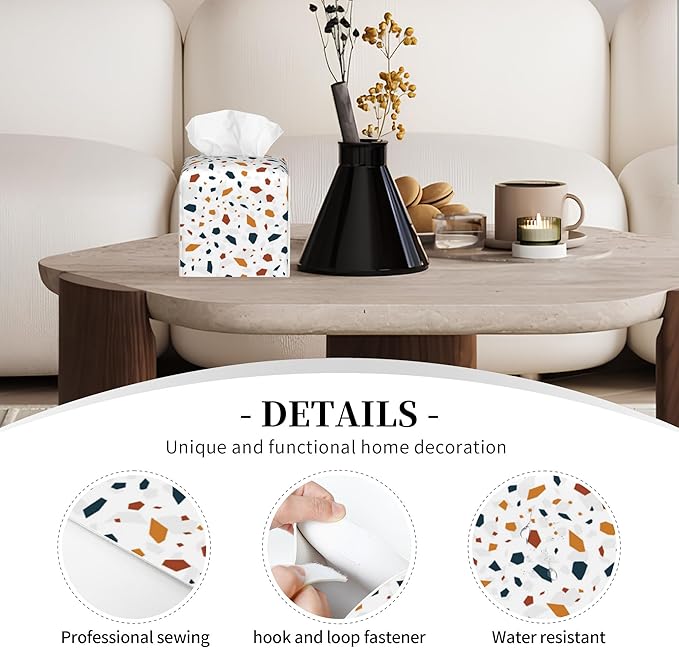 POIUBLE Leather Tissue Box Holder Terrazzo Tile Tissue Box Cover Square Waterproof Tissue Holder Organizer Modern Napkin Holder for Bedroom Dresser Night Stand Office Desk
