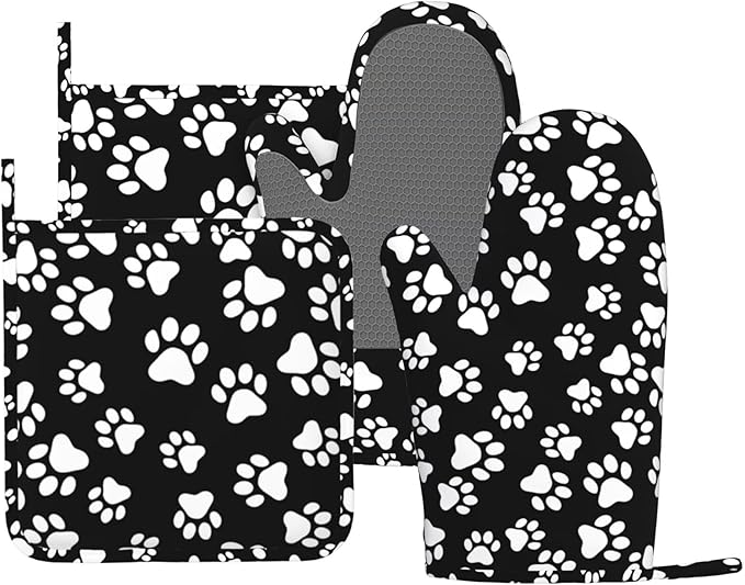 Dog Paw Oven Mitts Pot Holders Set Silicone Cat Footprint Dog Paw Prints Black White Kitchen Oven Mitts Heat Resistant Potholders Non-Slip 4pcs Hot Pads and Oven Gloves Sets for Baking