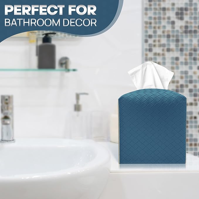 Tissue Box Cover Holder, PU Leather Tissue Box Cover with Braided Pattern, Square Tissue Holder with Bottom Belt, Modern Organizer for Bathroom, Car, Office, Tabletop (Ink Blue, 12 Braided Patterns)