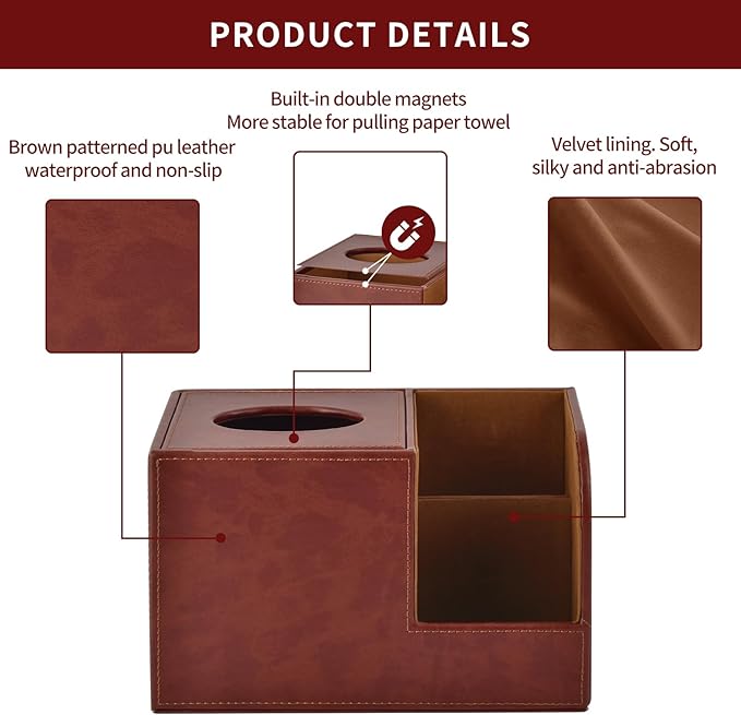 XNONE PU Leather Square Tissue Box Cover,Multifunctional Tissue Box Holder,Tissue Box with Storage,Tissue and Remote Control Holder,Tissue Box Decorative Desk Organizer for Home&Office,Brown