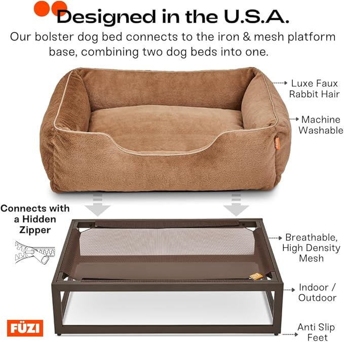FUZI Elevated Dog Bed, Luxury Raised Dog Beds, Removable and Machine Washable Cover, Indoor/Outdoor Orthopedic Pet Bed, Dark Grey & Black Base Small 25.1x16.75x18