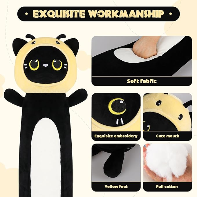 HAIJUNYA 22 inch Bee Black Cat Long Plush Body Pillow Toy, Kitten Plushies with Stuffy Honeybee Oufit Big Stuffed Animals Gfit for Kids Boys Girls, Birthday, Halloween, Christmas