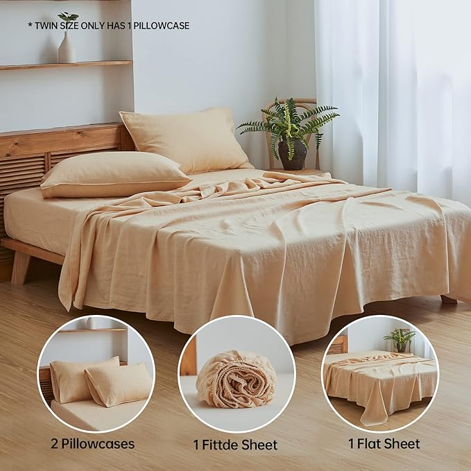 Simple&Opulence Washed Linen Bed Sheet Set Basic Style 4 Pieces (1 Flat Sheet & 1 Fitted Sheet & 2 Pillowcases) 100% Natural French Flax Soft Breathable Farmhouse Bedding (Queen, Sand)