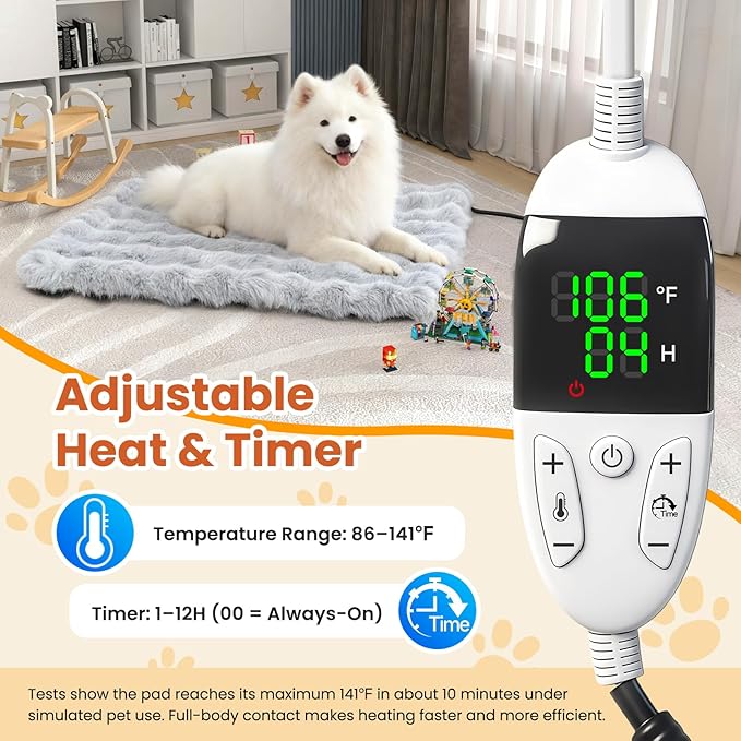 Littlo Kozytail Dog Heating Pad, Smart Thermostat, 12 Temp Levels & 0-12H Timer, Large Pet Heating Pad with Zippered Plush Fleece Cover, Waterproof & Chew Resistant, 34x24in for Dogs and Multiple Cats