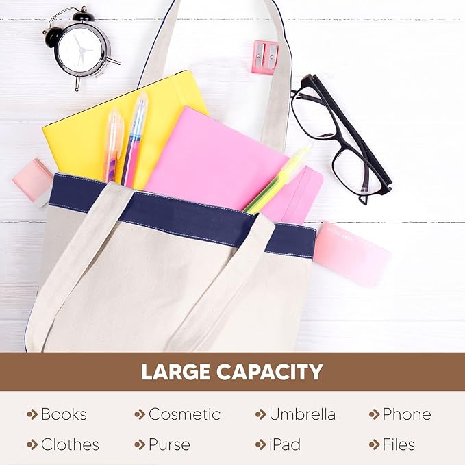Canvas Tote Bag with Handles for Woman, Reusable Cloth Bag for Groceries and Shopping In Bulk - Blank Cotton Tote Bag, Suitable for DIY Projects Heavy Duty, 16"X14.5" With 4” Gusset, Blue 8 Pack