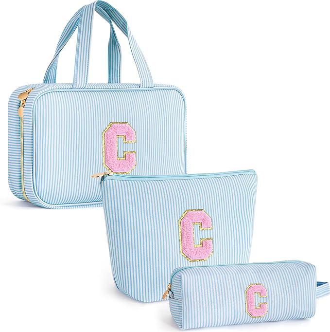 Fystdtote Preppy Toiletry Bag Makeup Bag for Women Her - Personalized Cute Makeup Pouch for Girlfriend Bridesmaid Wife Mom | Travel Toiletry Cosmetic Bag for Friend | Birthday Gift Idea - Blue C