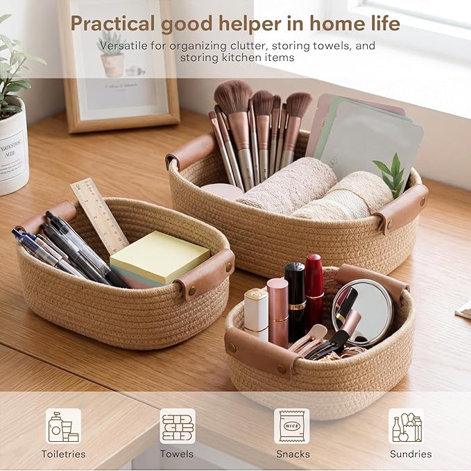 ECDYQXVU 5 Piece Storage Baskets Small Woven Basket with Detachable Leather Handle, Cotton Rope Shelf Baskets for Closet Organizers, Different Sizes Basket Decor, Jute Brown