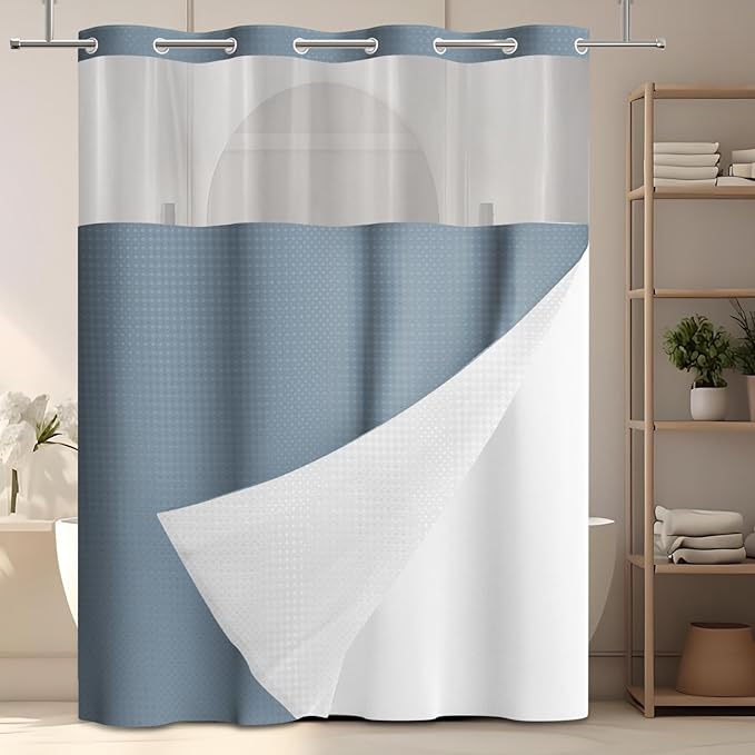 GICDSU No Hook Shower Curtain with Snap in Liner, Waffle Shower Curtain Set for Bathroom, Hotel Style with Semi-Sheer Top Window, Waterproof & Washable, Fog Blue, 71" W x 86" L