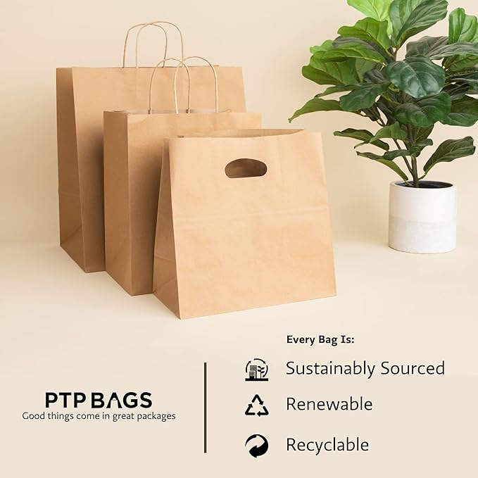 Natural Brown Kraft Paper Bags with Reinforced Handles 11" x 6" x 11" - Sturdy Die Cut Tote Bag for Baby Shower, Gift, Food Service, Shopping, Small Business, Takeout, Bakery, Restaurants -100 Pack