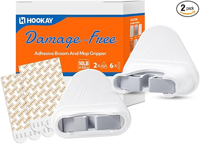 hookay 10lbs Broom and Mop Grippers, Damage-Free Hanging Wall Mount Broom Holder, No Tools Removable Hanging Organizer for home organization, Holds up to 10 lb, 2 Hangers and 6 Adhesive Strips
