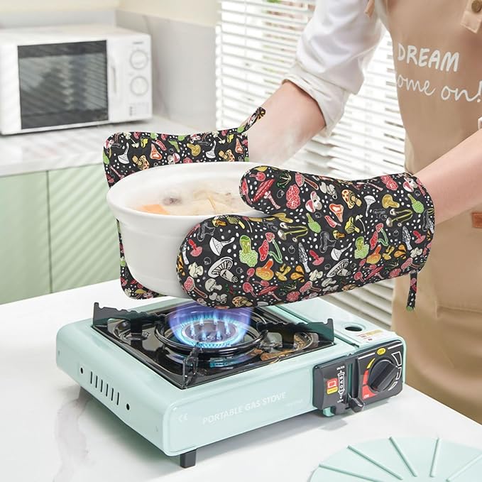 Fresh Mushroom Oven Mitts and Pot Holders Sets of 4,Resistant Hot Pads with Polyester Non-Slip BBQ Gloves for Kitchen,Cooking,Baking,Grilling