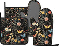 Oven Mitts Pot Holders Set Vintage Butterfly Flower Botanical Silicone Kitchen Gloves Potholders Heat Resistant for Chef Baking Cooking Grilling BBQ 4 Pack Mitt