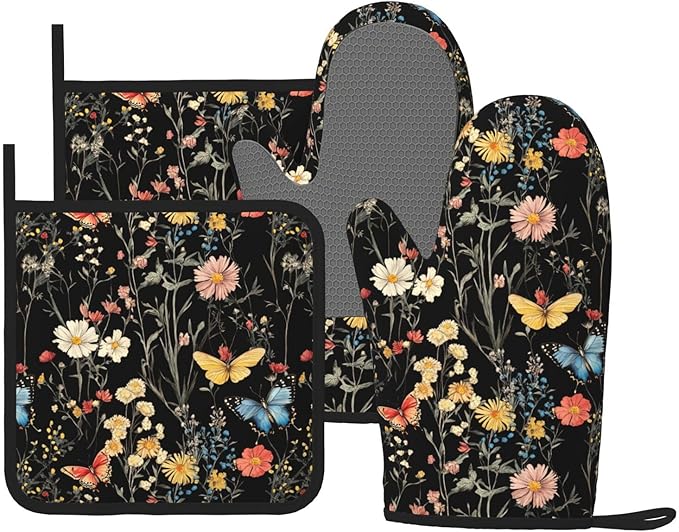 Oven Mitts Pot Holders Set Vintage Butterfly Flower Botanical Silicone Kitchen Gloves Potholders Heat Resistant for Chef Baking Cooking Grilling BBQ 4 Pack Mitt