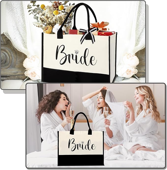 Vanqruo Bride Gifts Canvas Tote Bag with Makeup Bag, Wedding Gifts for Bridal Shower Bachelorette Party Engagement Honeymoon, Miss to Mrs, Bride to Be, Bridal Shower Decorations