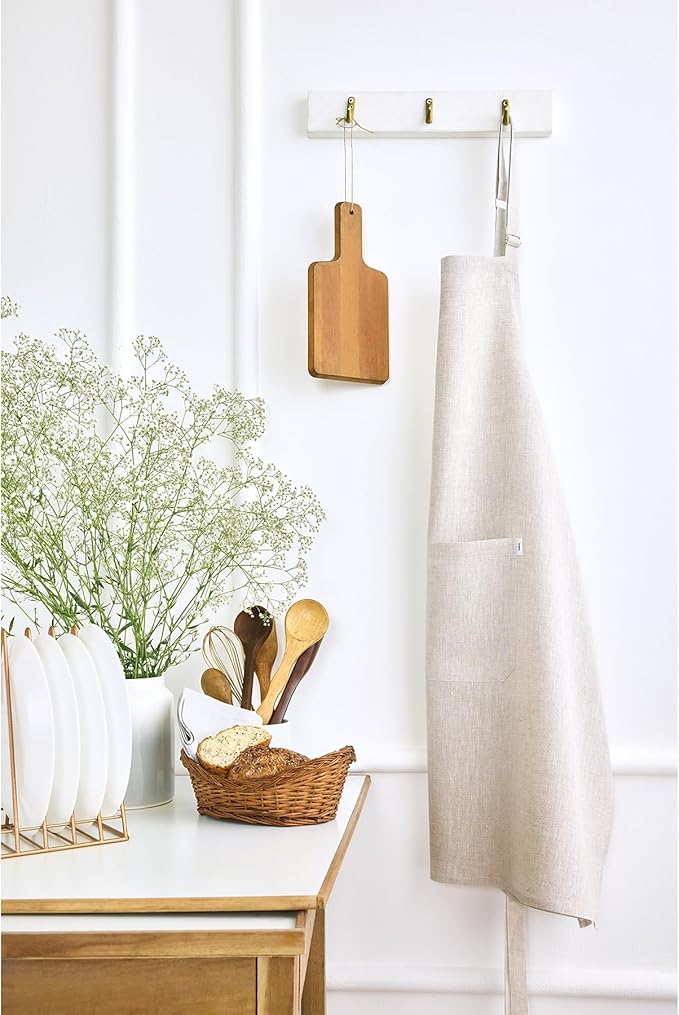Solino Home 100% Pure Linen Apron for Women & Men - Full Midi Bib Apron Adjustable Neck Strap with Center Pockets for Kitchen