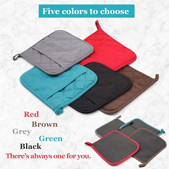 Cotton and Neoprene Oven Pads Pot Holder with Pocket 8"x8.5" Dual-Function Hot Pad Set for Finger Hand Wrist Protection Heat Resistant to 428°F Black