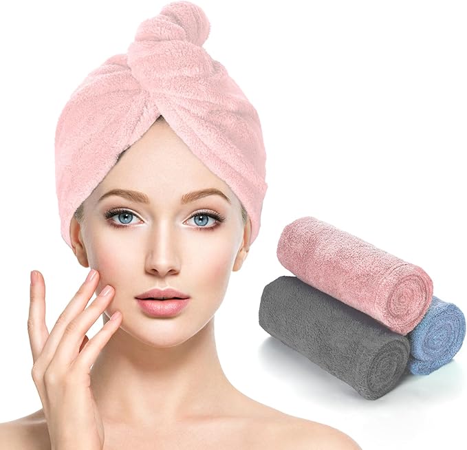 Houldhowd Microfiber Hair Towel, 3 Pack Coral Velvet Quick Drying Bandana, Anti Frizz Hair Towel ，Microfiber Hair Towels for Women(Large Gray, Pink, Blue)
