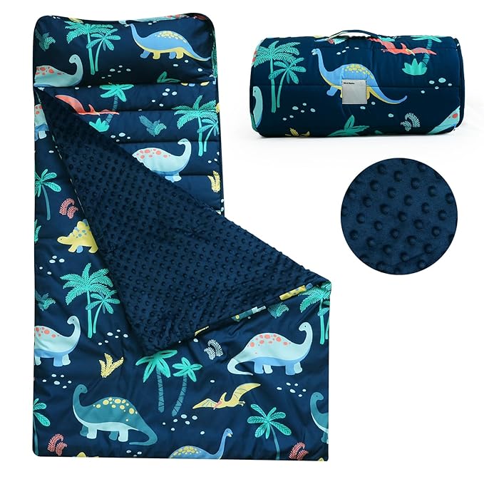 PHF Toddler Nap Mat with Removable Pillow and Minky Fleece Blanket, Rollup Design Warm Slumber Bags for Boys, 52"x20"x2" Kids Sleeping Bag for Daycare Preschool Travel Camping, Dinosaur