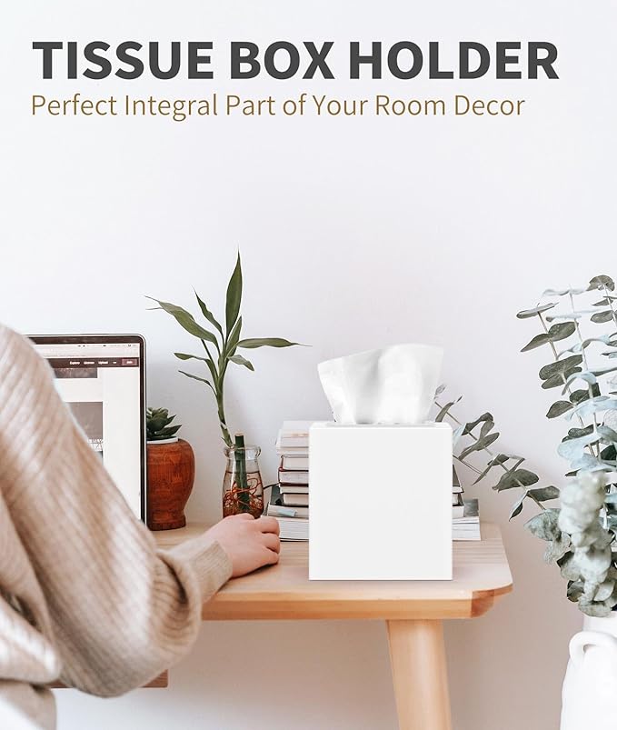Livelab Metal Tissue Box Cover, Square Tissue Box Holder Modern Decor Facial Napkin Holder Tissue Box Dispenser for Bathroom Vanity Countertop, Living Room, Bedroom, Office | White