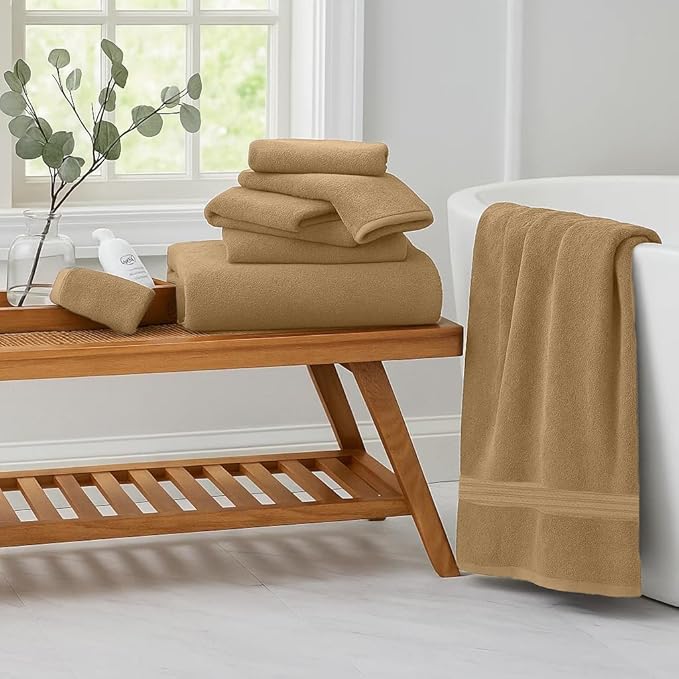 RIVERSIDE Pack of 8 Towels Set, 2 Large Bath, 2 Hand, 4 Face Washcloths, 100% Cotton Hotel Quality, Super Soft, Quick Dry, Highly Absorbent Perfect for Bathroom, Tan
