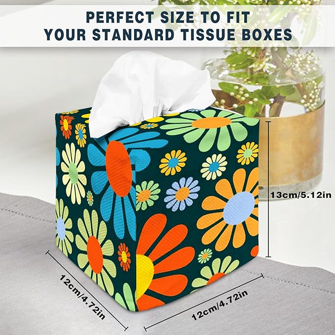 Tissue Box Cover Square Decorative Tissue Box Holder Cute Funny Cube Tissue Case Cover-Hippie Flower Tissue Box Cover