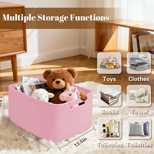 3 Pack Large Storage Basket for Organizing, 17.5"x13.5"x7.5" Woven Basket for Shelves, Closet Cube Storage Bins with Wrapped Handle, Cotton Rope Baskets for Kitchen, Clothes, Toys(Light Pink)