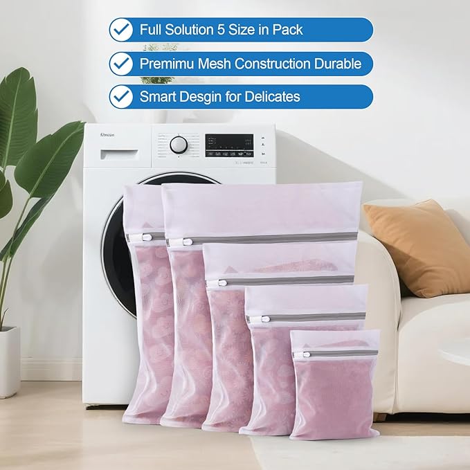 OKAKA 5Pcs Laundry Bags Mesh Wash Bags, Delicate Laundry Bags for Clothes, Hosiery, Underwear, Bed linen - 5 Size