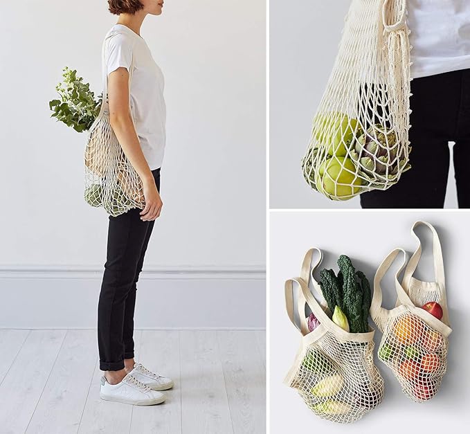 Lemonfilter Mesh Grocery Bags, 5 Pack Reusable Washable Cotton String Shopping Bag, Cotton Mesh Produce Bag with Long Handle Net Tote Bag for Fruit Vegetables Farmers Market Shopping (4 Color)