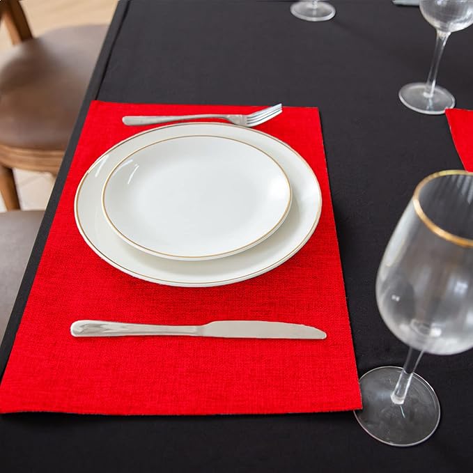 Linen Type Fabric Placemats Set of 4, Machine Washable, Heat Resistant, Wrinkle Free Thick Polyester Kitchen Place Mats for Dining Table (Red)