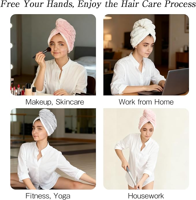 3 Pack Large Microfiber Hair Towels for Women , Super Absorbent Quick Dry Hair Wraps, 41x23 Inches with Elastic Strap, Anti-Frizz Hair Turban for Curly, Long , Thick Hair (Pink + White + Gray)