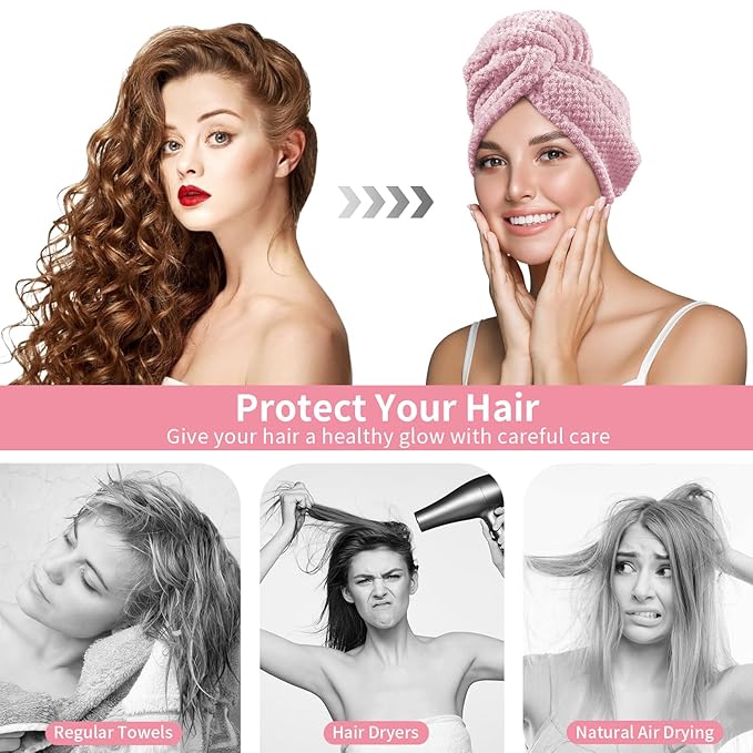 my novel things 3 Pack Hair Towel Wrap for Women, 25.4" x 9.8" Microfiber Towels, Super Absorbent Quick Dry with Button for Curly Hair Anti Frizz (Pink,White,Purple)