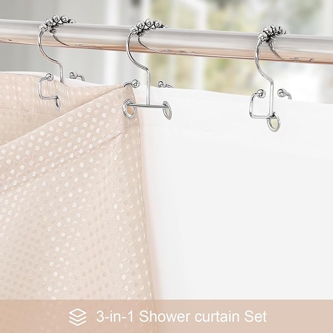 Craidlela 3 in 1 Stall Half Size Blush Pink Shower Curtain Set-36 W x 72 H, Modern Waffle Waterproof Fabric and PEVA Liner Set with Stainless Steel Hooks