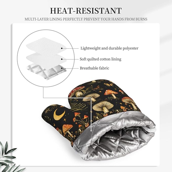 Heat Resistant Oven Mitts 2 Pack, 500°F Silicone Oven Gloves with Non-Slip Grip, Soft Quilted Cotton Lining for Baking, Grilling, BBQ, Cooking (Mushrooms Butterflies)
