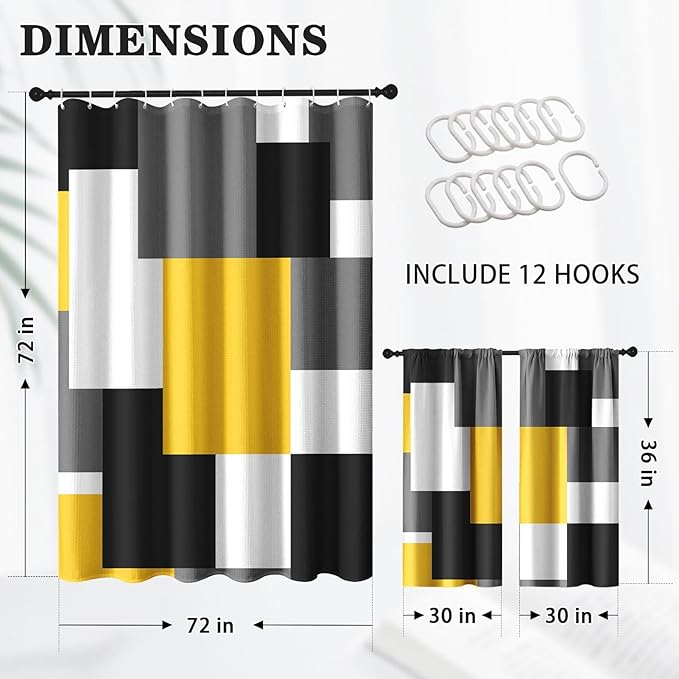 Culudea Geometric Yellow White Shower Curtain Set, Black and Gray Modern Bathroom Window Waterproof Shower Curtain Set for Bathroom Decor