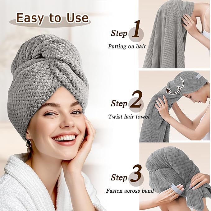 Netcken Large Microfiber Hair Towel for Women,Super Soft Anti Frizz & Quick Dry for Curly Hair,Ultra Absorbent Hair Wrap Towels for Long,Thick,Wet Hair 24x42 Inches (Grey)