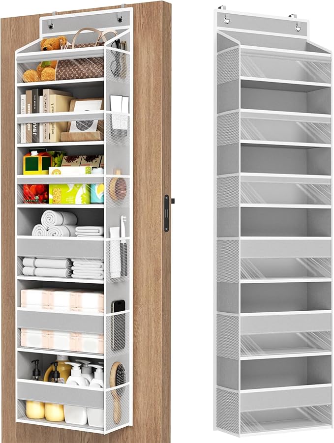 Mefirt Over The Door Organizer, 6 Shelf Door Organizer Hanging with 6 Large Capacity Pockets, Over The Door Storage Hanging Shelves for Closet Wall Bathroom Closet Bedroom Nursery