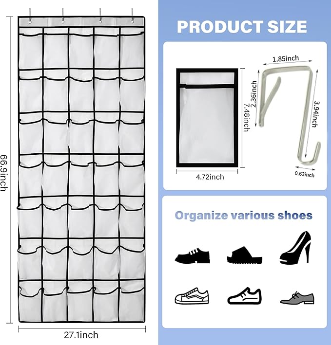 Teikou 35Large Pockets Over The Door Shoe Organizer, Mesh Pockets Shoe Holder Rack, Capacity hanging shoe organizer，door shoe rack With 4 Metal Hook.