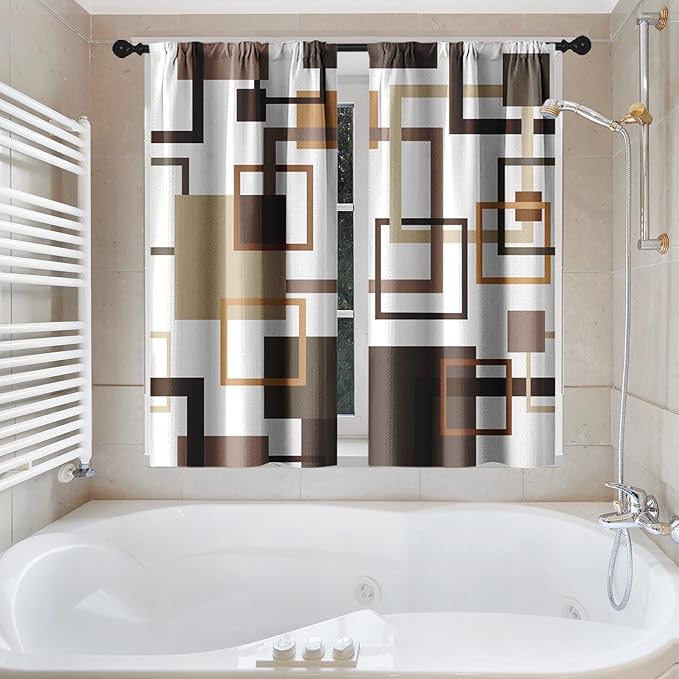 Culudea Geometric Vintage Brown Shower Curtain Set, Abstract Modern Line Bathroom Window Waterproof Shower Curtain Set for Bathroom Decor