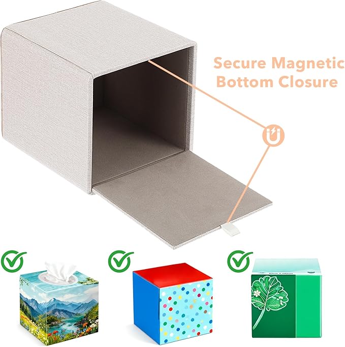 2 Pack Square Linen Tissue Box Covers, Beige Cube Tissue Holder with Magnetic Bottom & Flannel Lining, Decorative Modern Organizer for Home Office Car Vanity