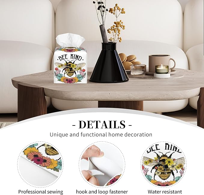 POIUBLE Tissue Box Holder Honey Bee and Flowers Tissue Box Cover Square Leather Tissue Holder Organizer Portable Decorative Facial Paper Case for Home Office Bathroom Vanity Countertop