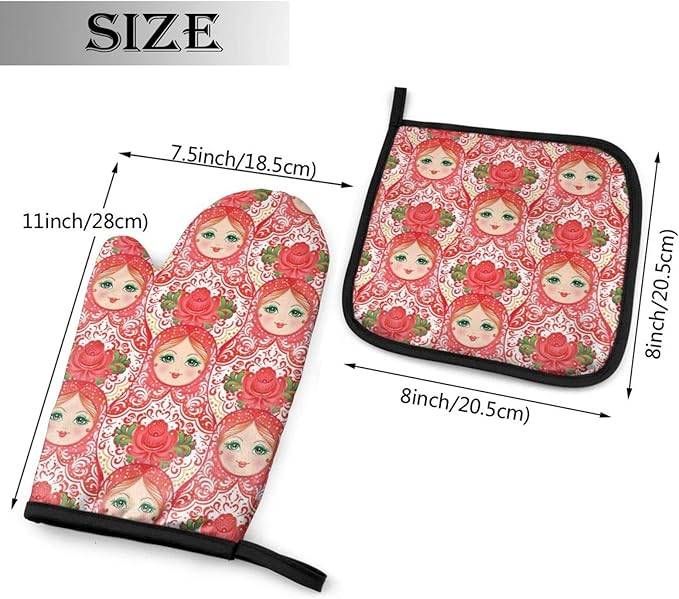 Traditional Russian Nesting Doll with Flowers Oven Mitts and Pot Holders Insulated Gloves & Kitchen Counter Safe Mats for Cooking BBQ Baking Grilling (2-Piece Set)