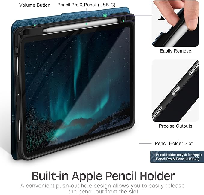 KingBlanc Case for iPad Pro 13-inch (M5 2025, M4 2024) with Built Pencil Holder, PU Leather Smart Stand Cover, Auto Sleep/Wake, Supports Pencil Pro/Pencil (USB-C), Multi-Viewing/Drawing Angles, Blue