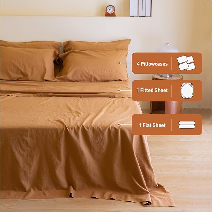Simple&Opulence Belgian Linen Sheet Set Solid Color - 6 Pieces (1 Flat Sheet & 1 Fitted Sheet & 4 Pillowcases) 16" Deep Pocket Natural Flax Cotton Blended Soft Bedding - Rust, King Size
