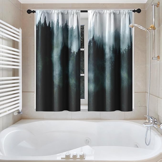 Culudea Misty Mountain Tree Green Spring Waffle Textured Cloth Shower Curtain Set, Fog Forest Nature Vintage Bathroom Window Waterproof Shower Curtains for Bathroom Decor
