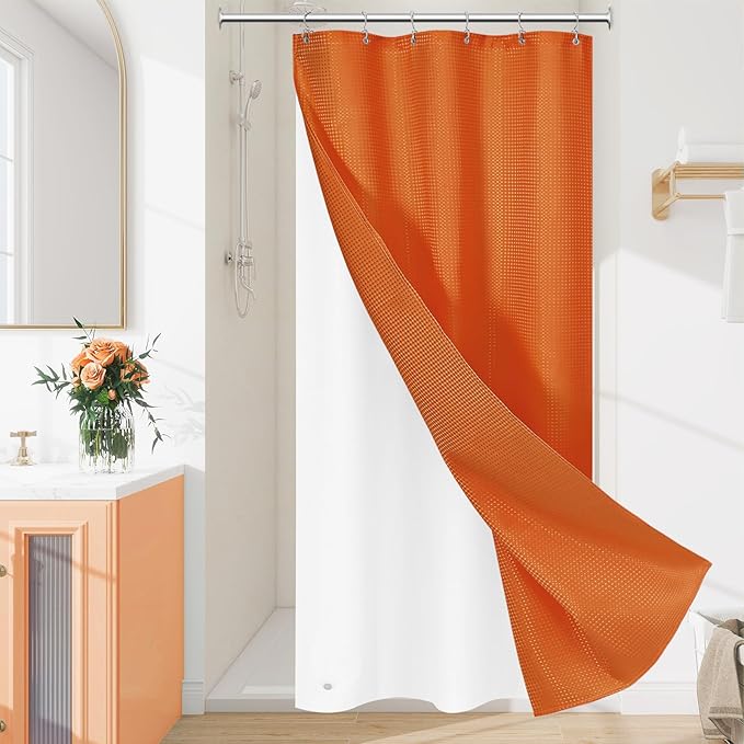 Craidlela 3 in 1 Stall Half Size Burnt Orange Shower Curtain Set-36 W x 72 H, Modern Waffle Waterproof Fabric and PEVA Liner Set with Stainless Steel Hooks