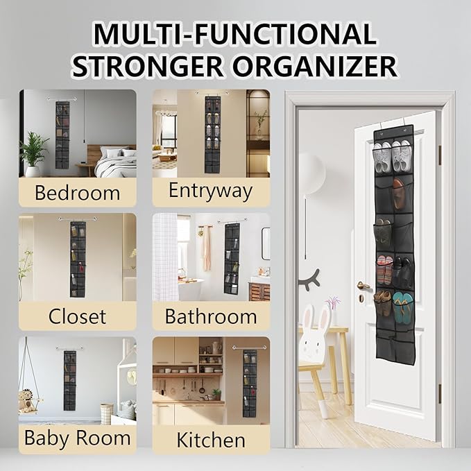 Auvotuis Over the Door Shoe Organizer, 12 Mesh Pockets Hanging Shoe Organizer with 4 Metal Hooks (Gray)