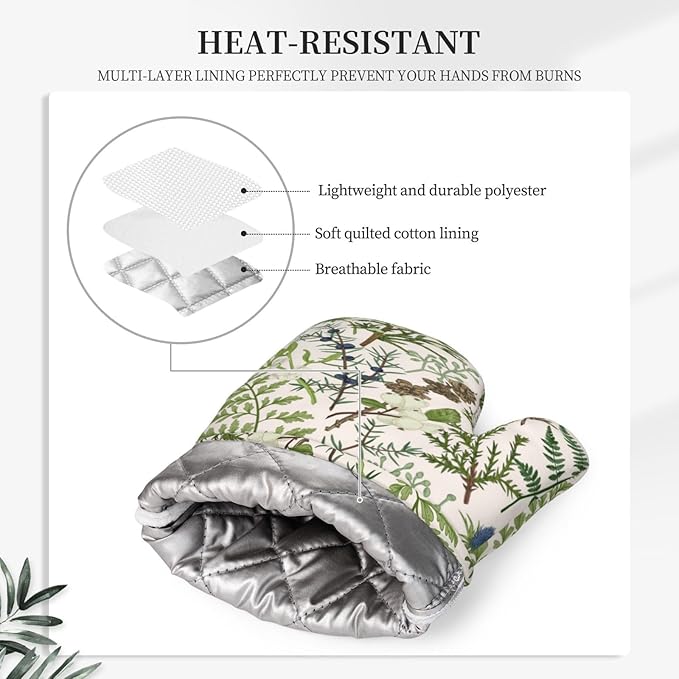 Botanical Print Oven Mitts and Pot Holders Set of 4 Silicone Vintage Floral Spring Sage Green Flower Plant Kitchen Mitten Gloves and Farmhouse Potholders Set Oven Gloves Hot Holders